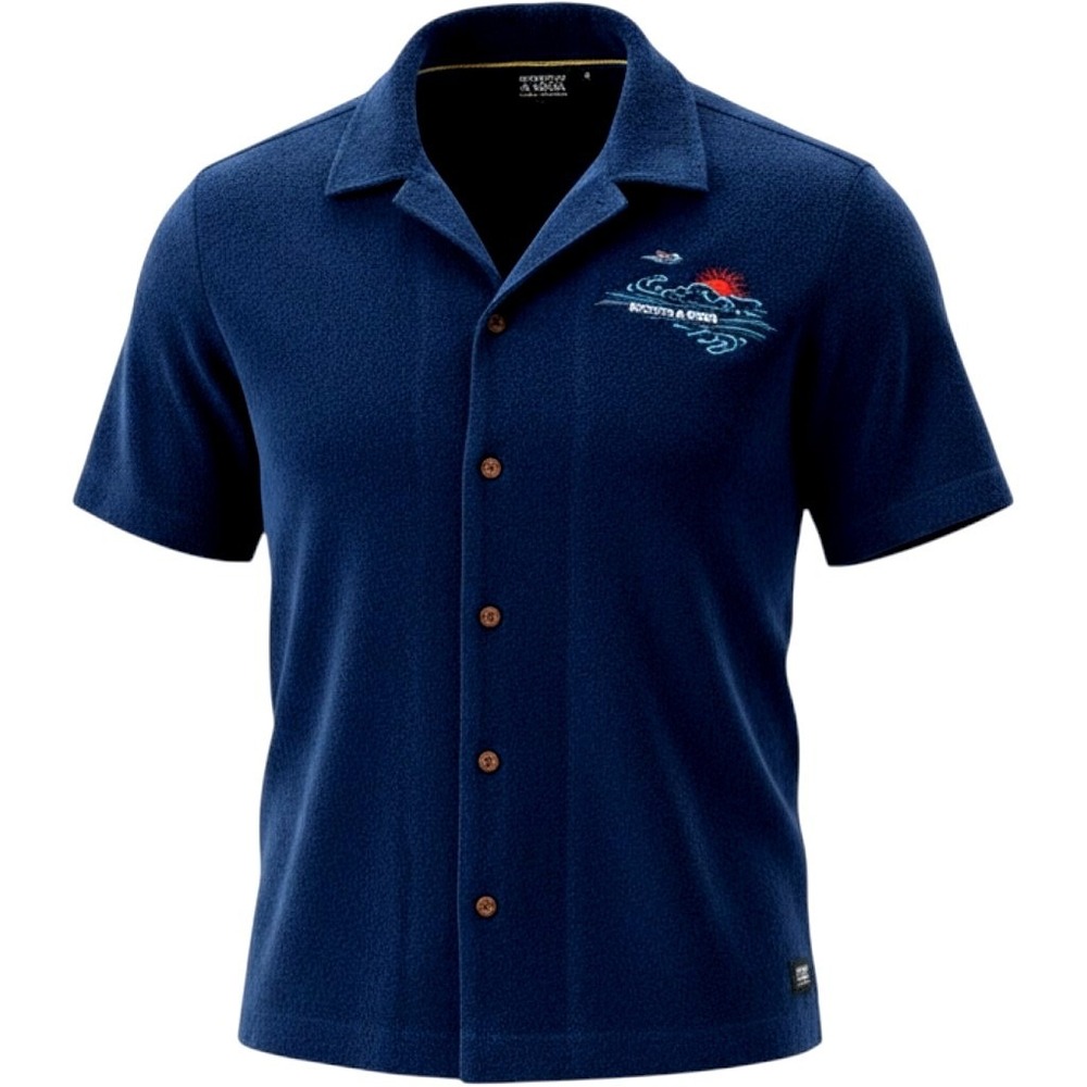 Scotch & Soda Mens XL Navy Blue Terry Cloth Embroidered Sun Wave Camp Shirt